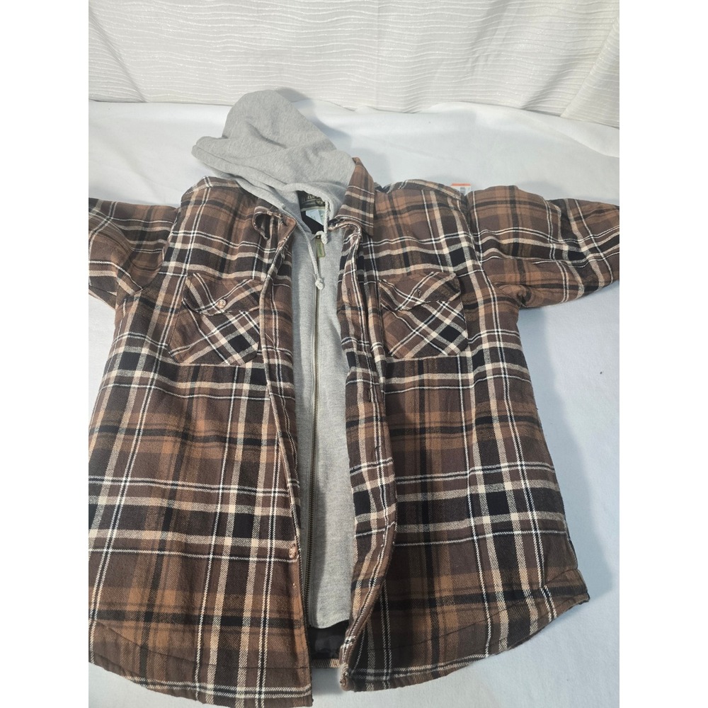 Field & Stream Mens Brown Plaid Quilted Lined Flannel Hooded Shirt Jacket medium